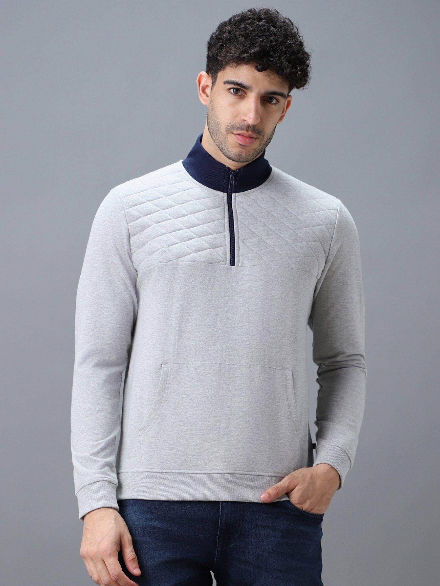 men's grey cotton solid zippered high neck sweatshirt