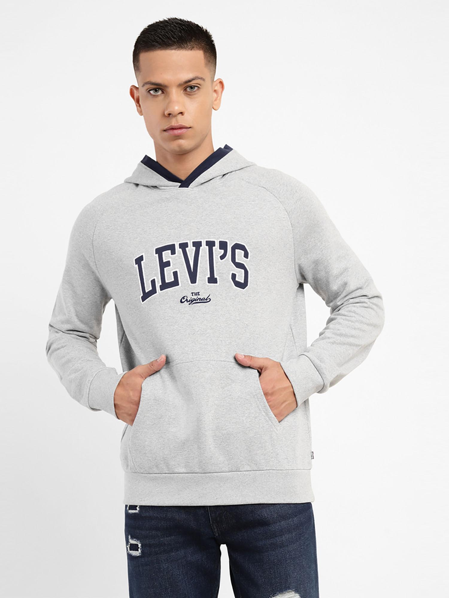 men's grey embroidered brand logo grey melange hooded full sleeve hoodie