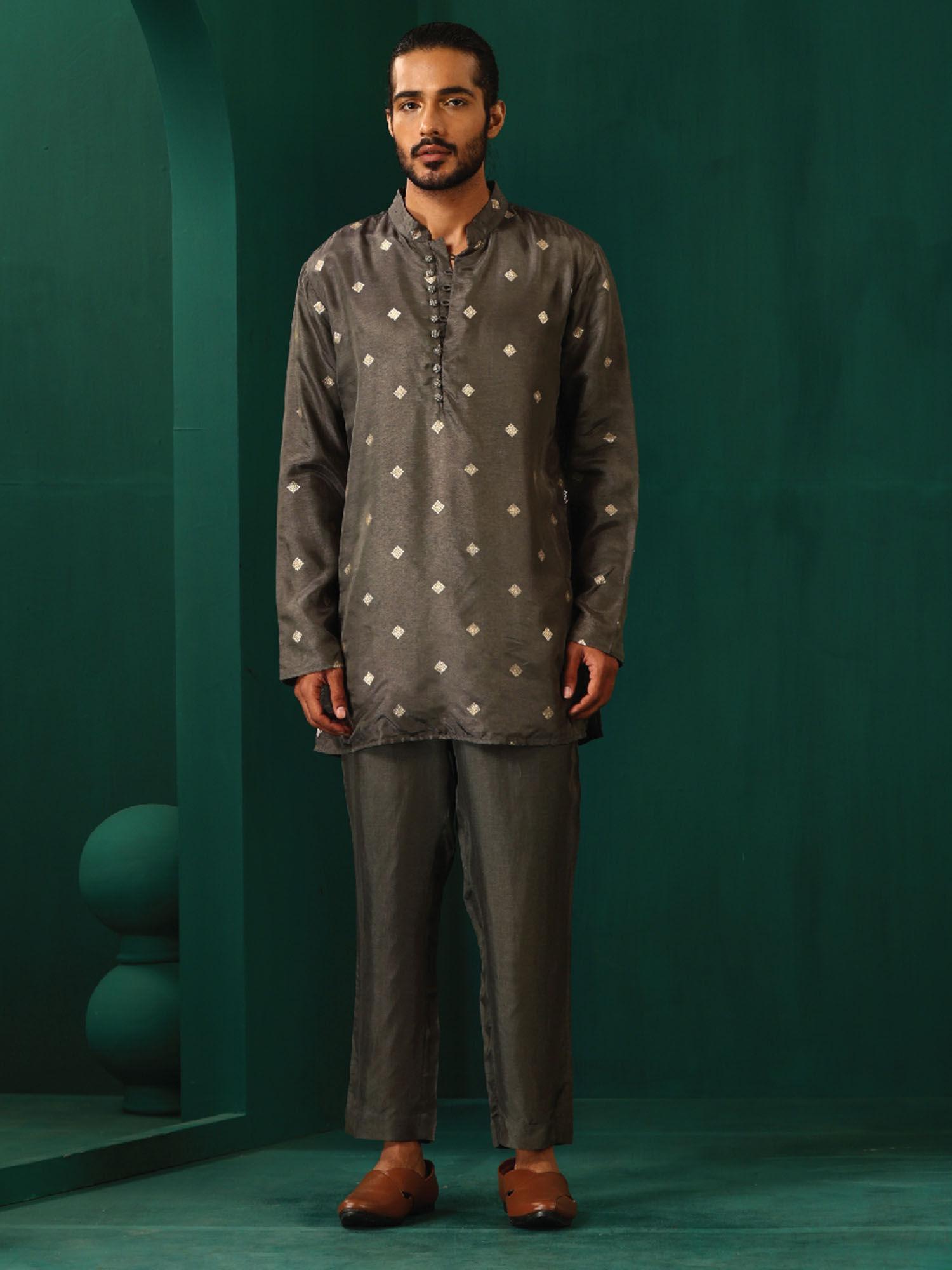 men's grey embroidered kurta with pant (set of 2)
