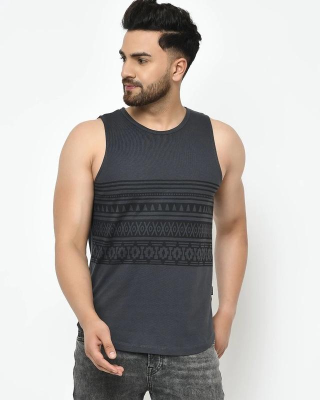 men's grey geometric printed slim fit vest
