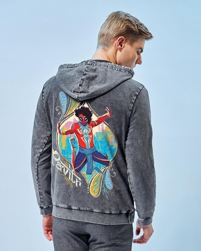 men's grey pavitr prabhakar graphic printed acid wash hoodies