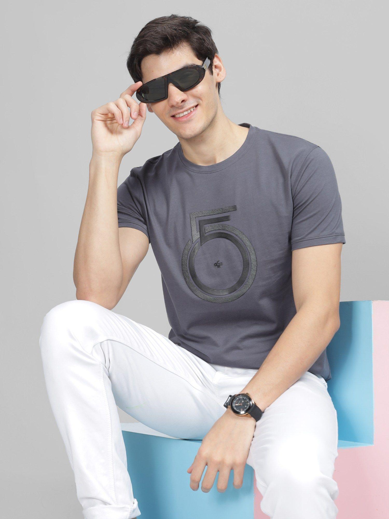 men's grey printed round neck t-shirt