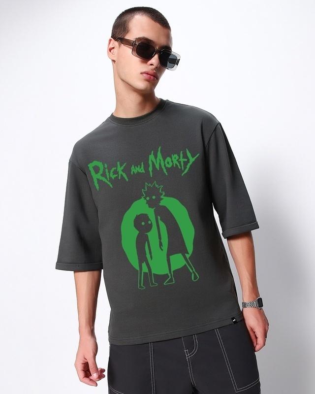 men's grey rick and morty graphic printed oversized t-shirt