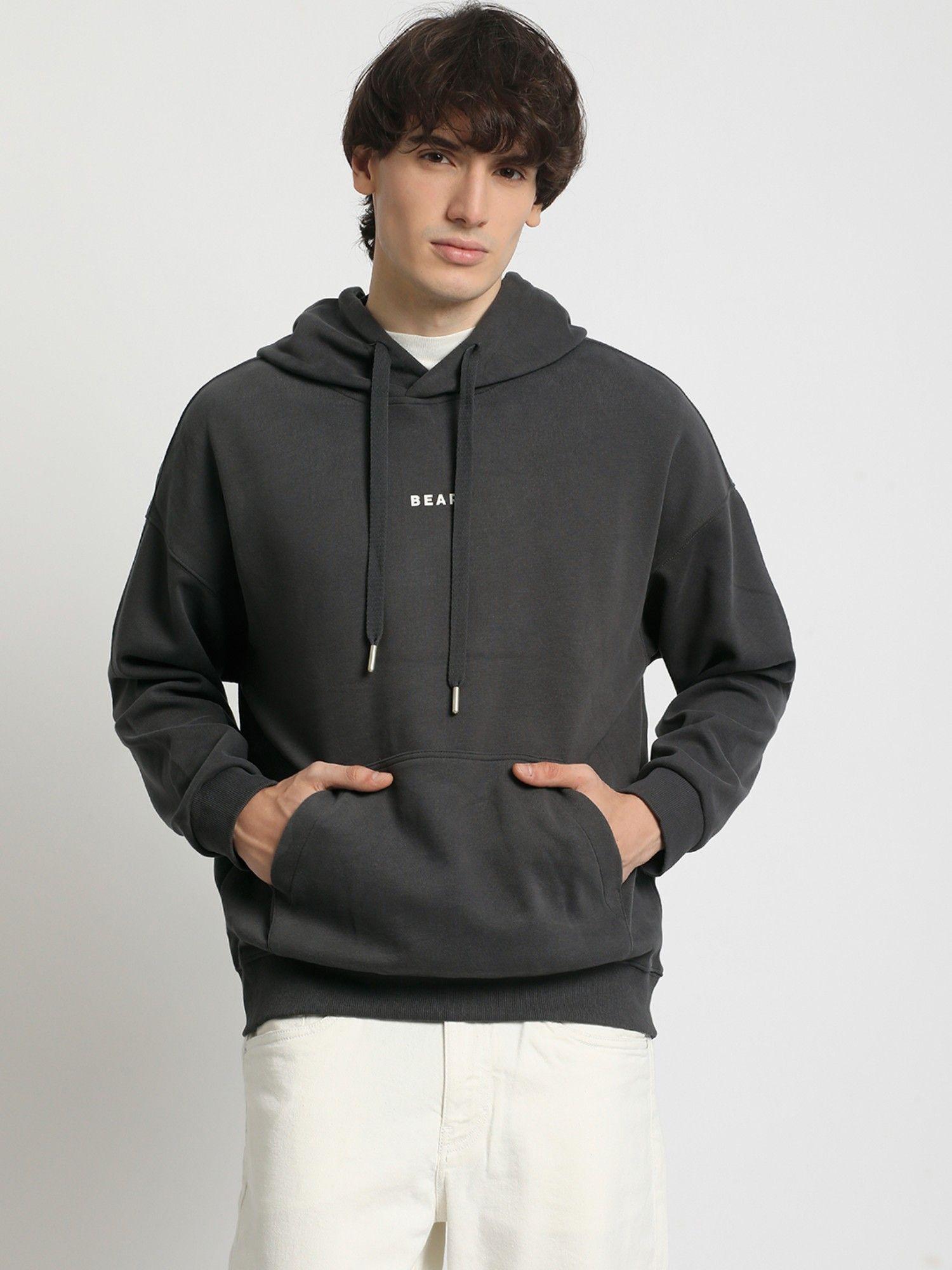 men's grey solid regular fit hooded sweatshirt