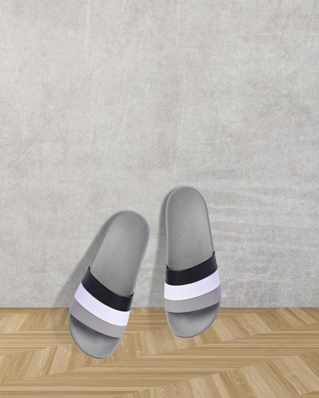 men's grey striped sliders