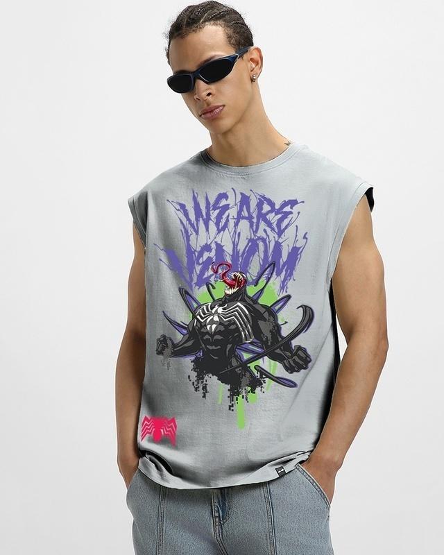 men's grey we are venom graphic printed oversized vest