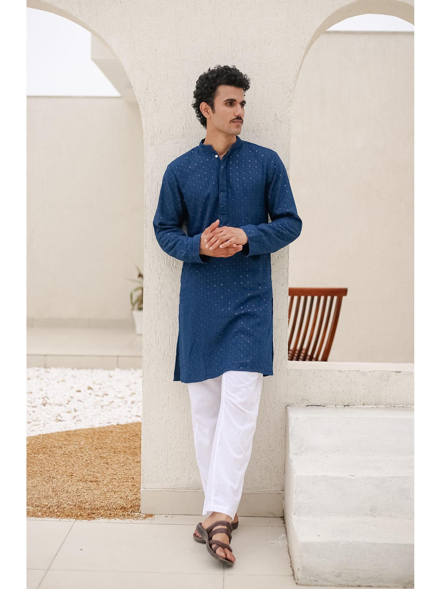 men's in embroidered sequined rayon blue kurta