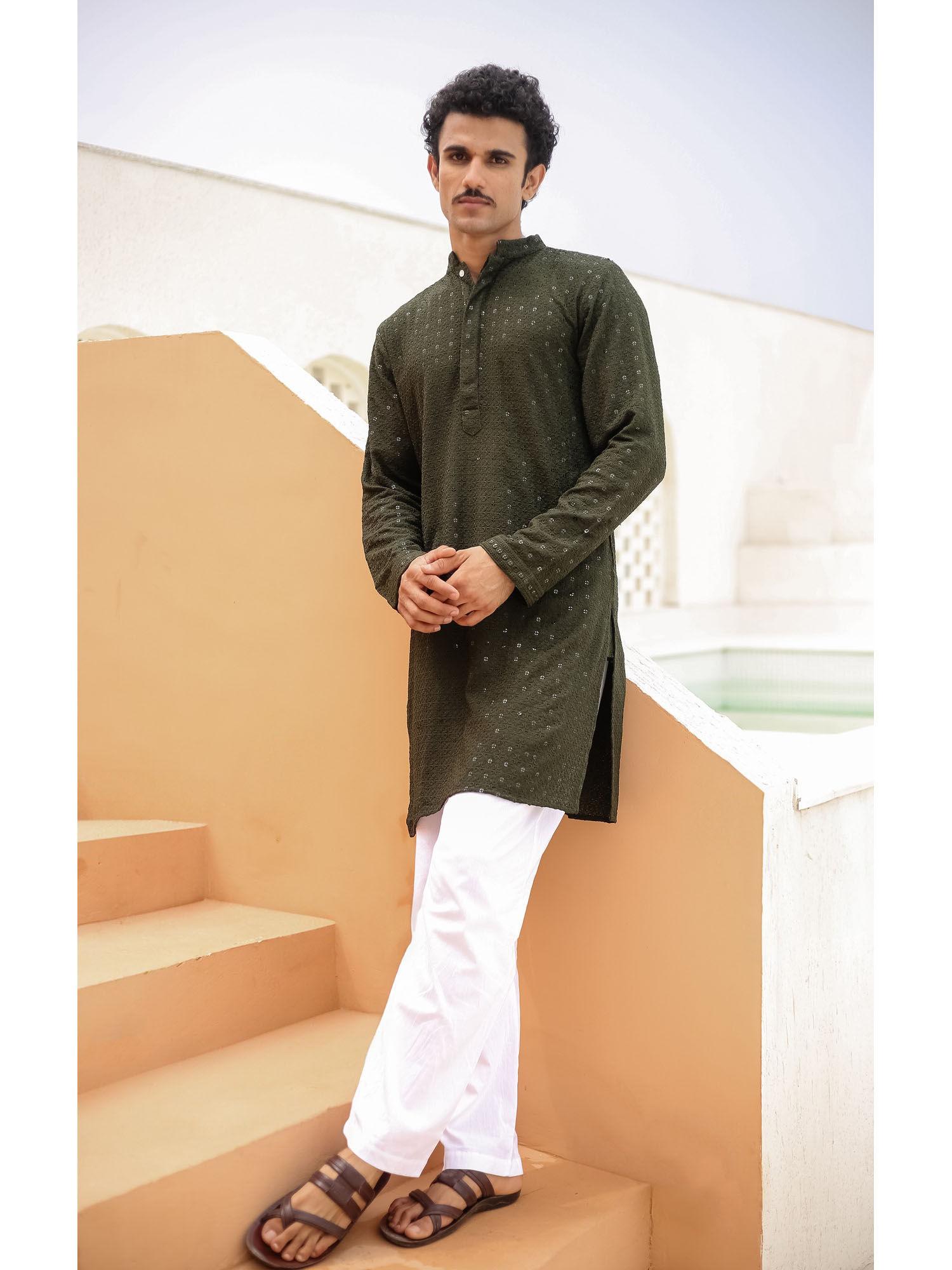 men's in embroidered sequined rayon olive kurta