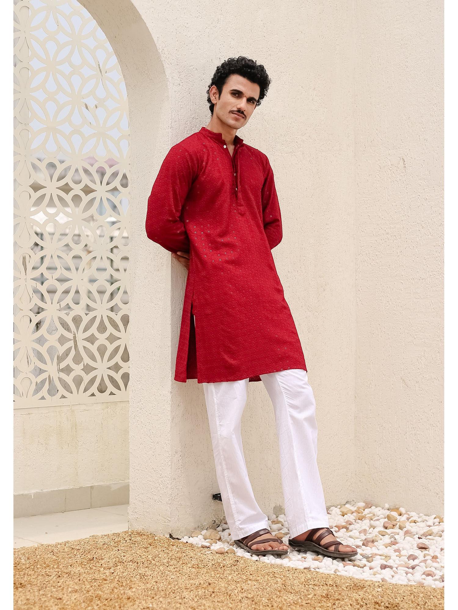 men's in embroidered sequined rayon red kurta