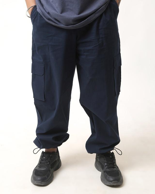 men's indigo blue loose comfort fit cargo parachute pants