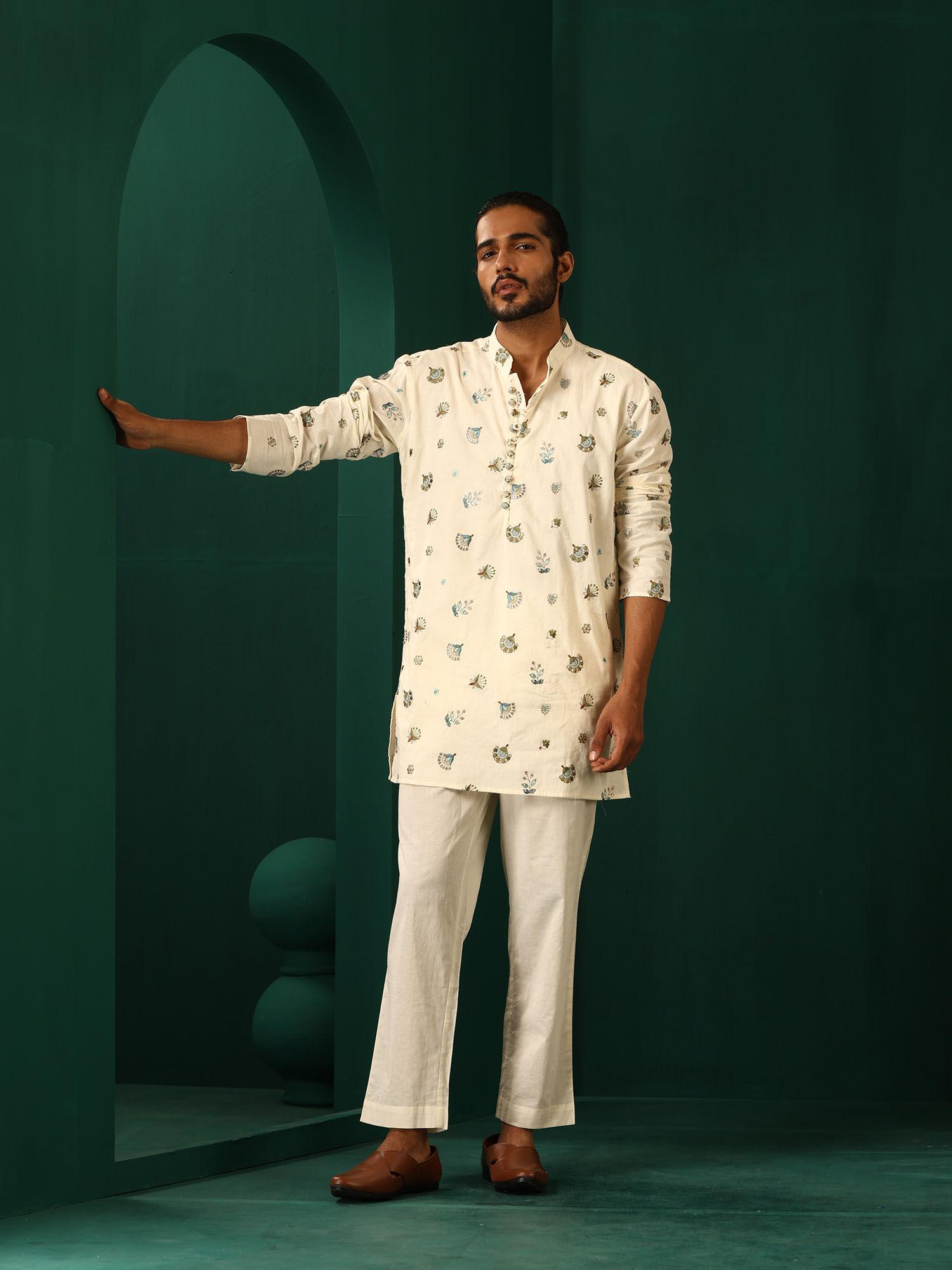 men's ivory embroidered kurta with pant (set of 2)