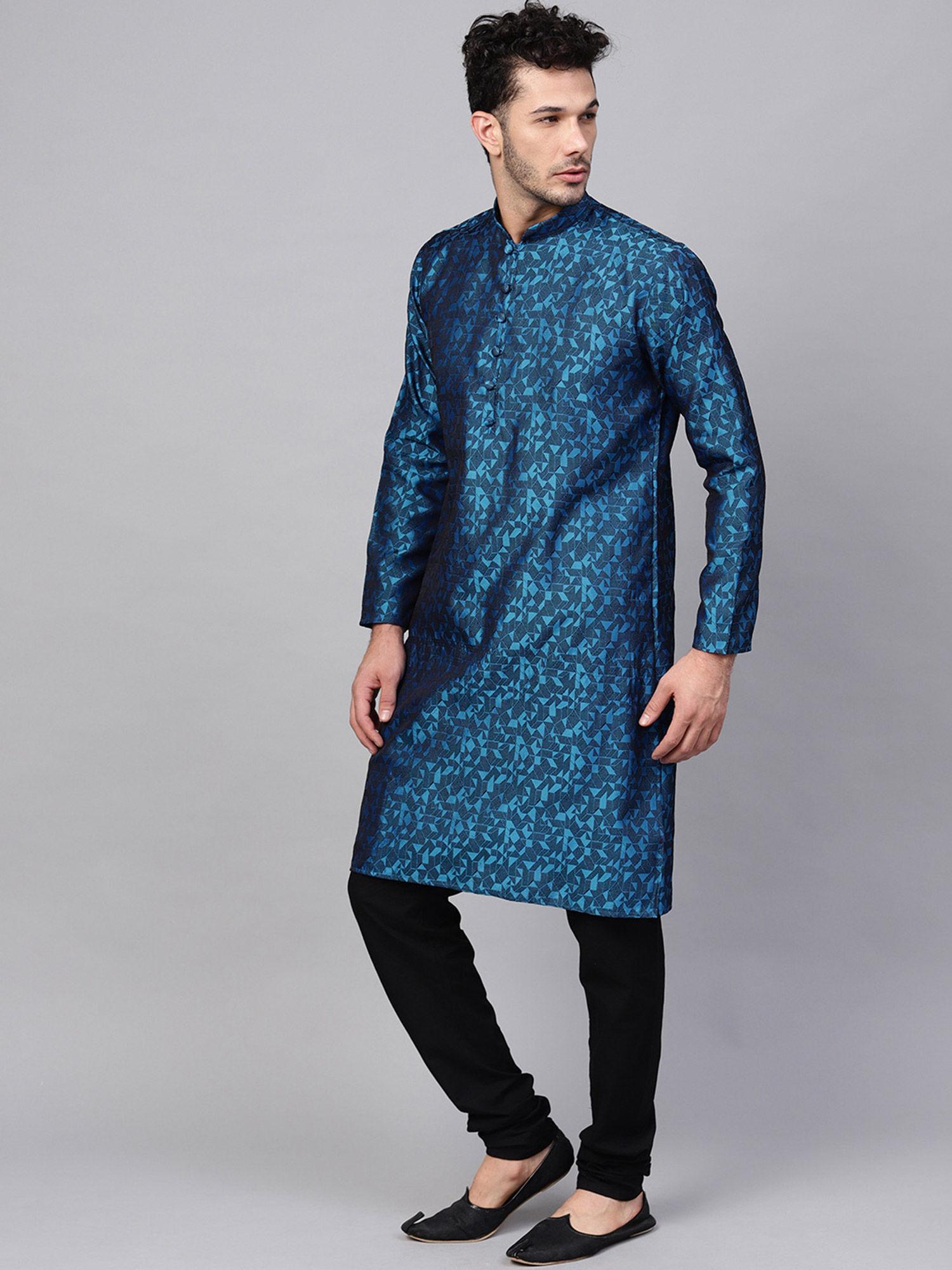 men's jacquard silk royal blue kurta & black churidar pyjama set (set of 2)