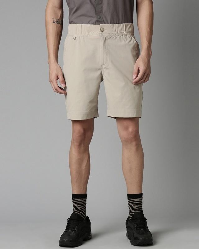 men's khaki woven slim fit shorts