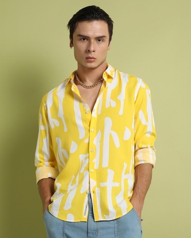 men's lemon yellow abstract printed shirt