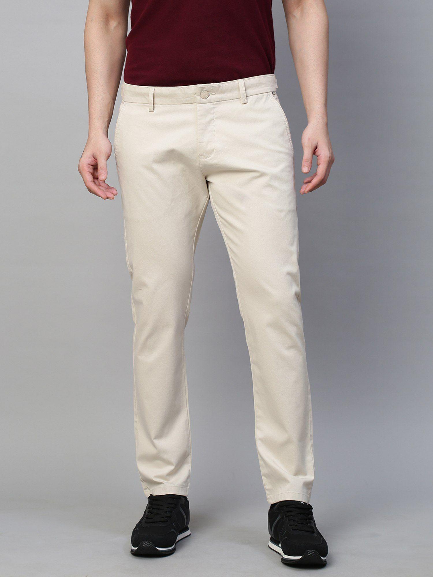 men's light cream cotton stretch caribbean slim fit solid trousers