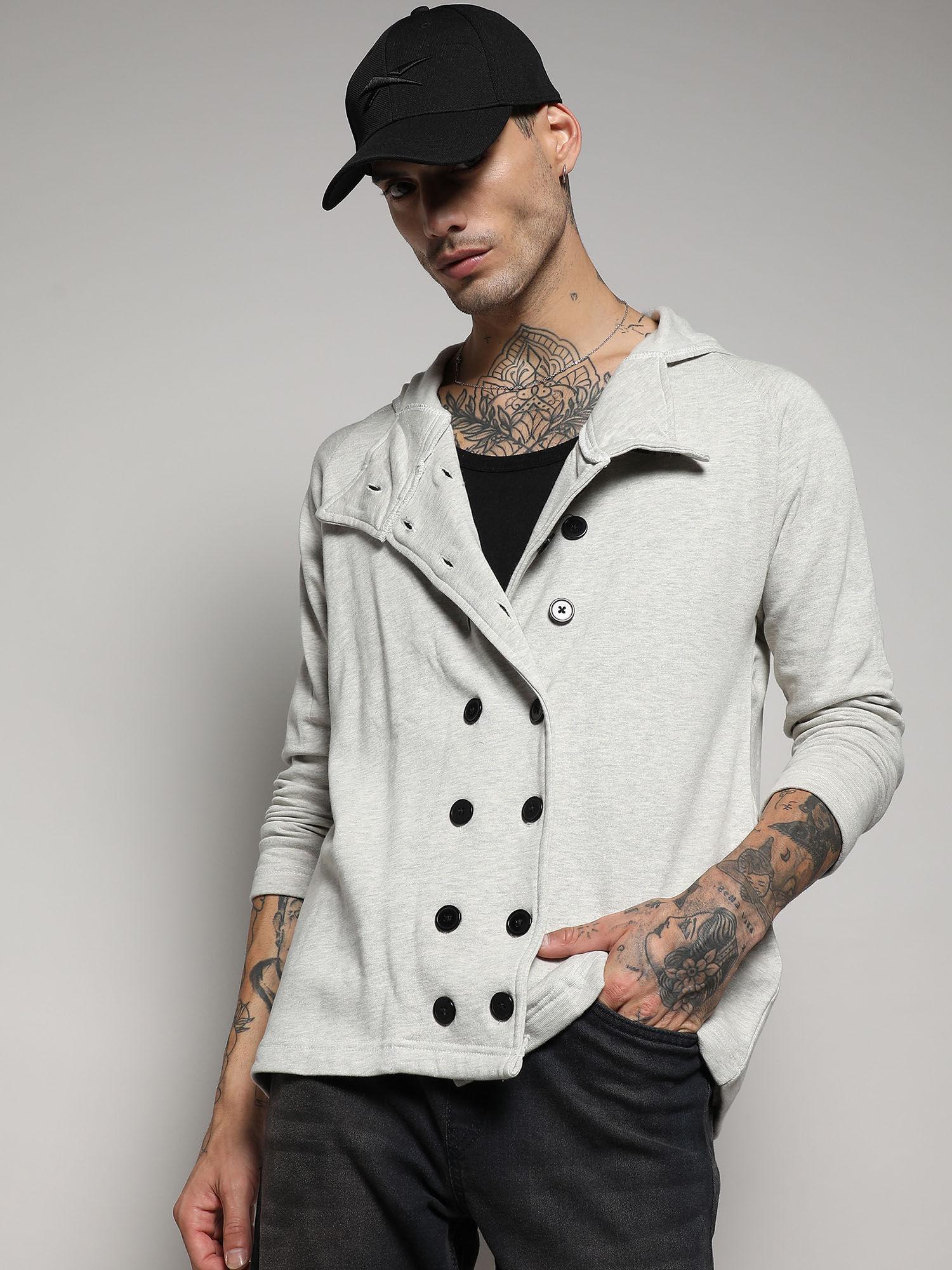 men's light grey double-breasted jacket with hoodie