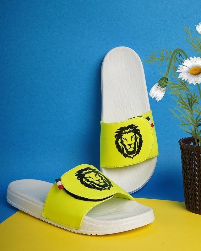 men's lime lion printed adjustable strap sliders