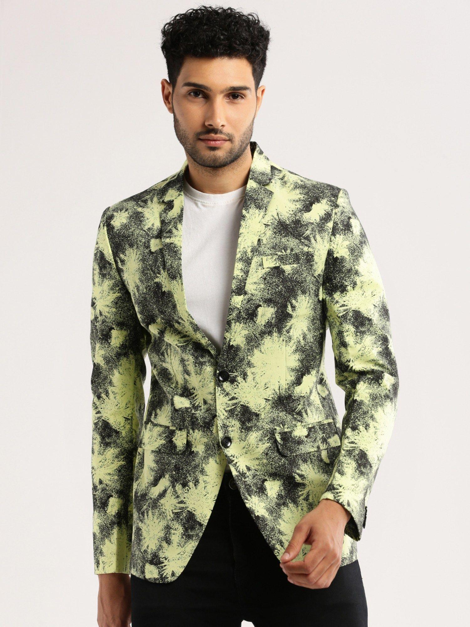 men's long sleeves printed notched lapel yellow slim fit blazer