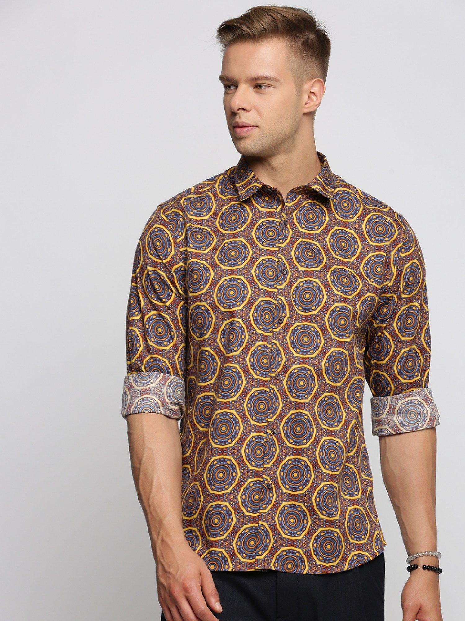 men's long sleeves spread collar geometric brown slim fit shirt