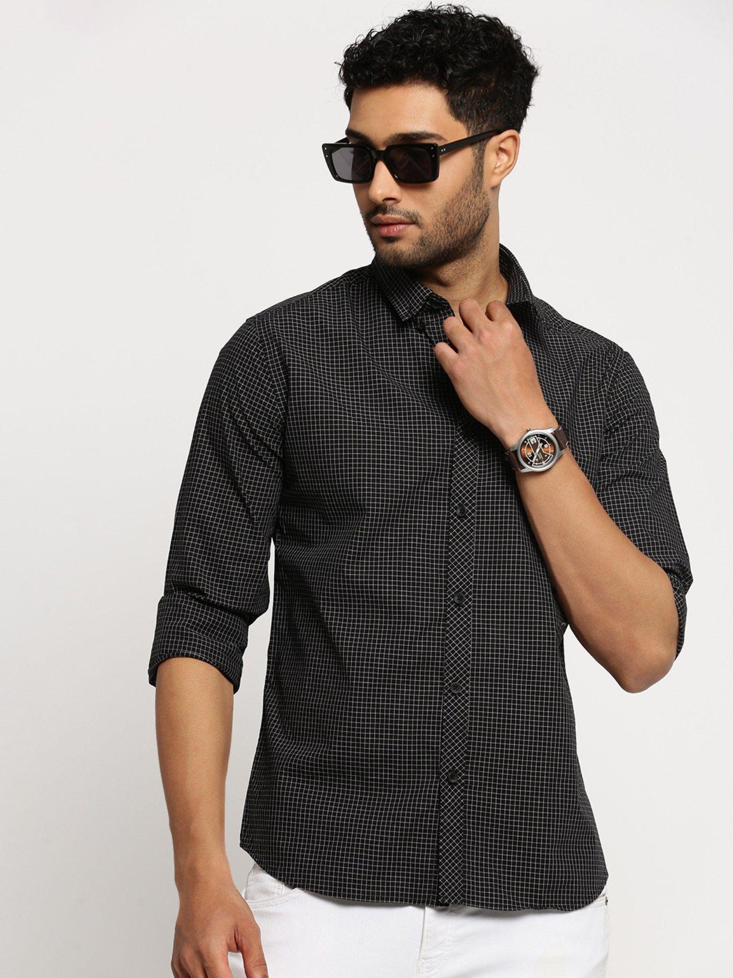 men's long sleeves spread collar micro checks black slim fit shirt