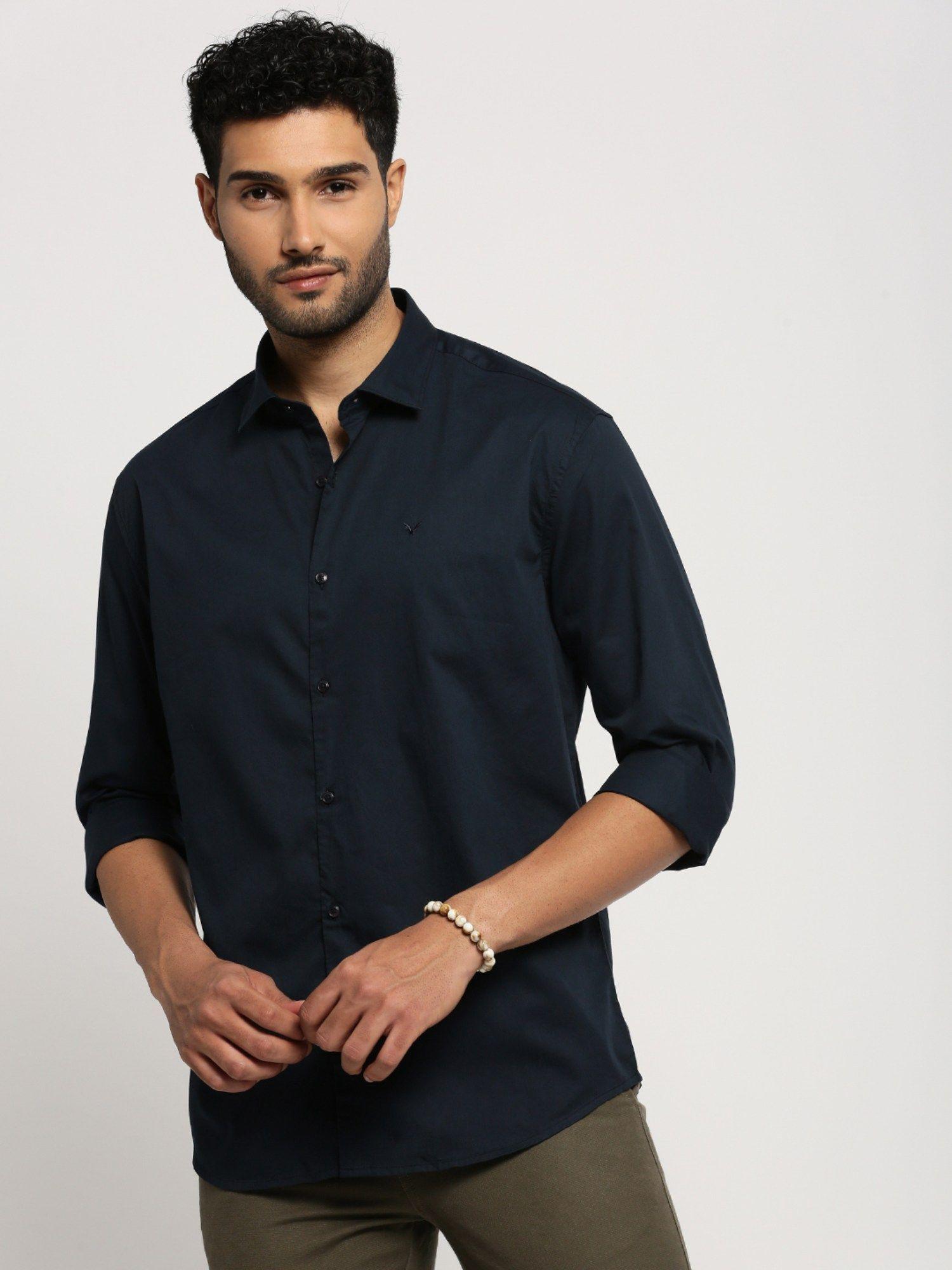 men's long sleeves spread collar solid teal slim fit shirt