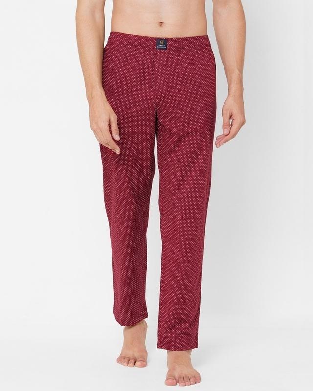 men's maroon all over polka printed cotton lounge pants