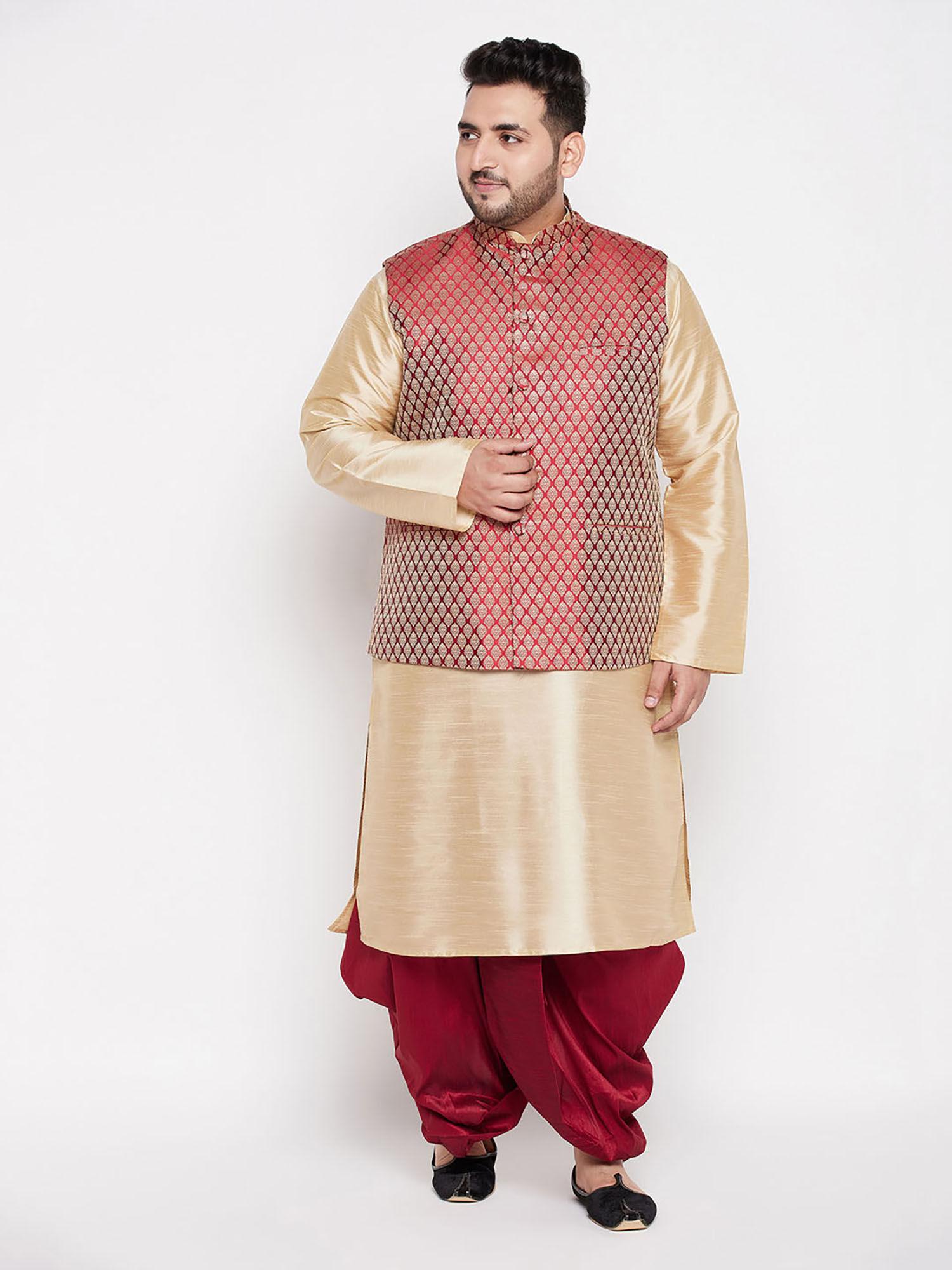 men's maroon and gold silk blend jacket kurta dhoti (set of 3)