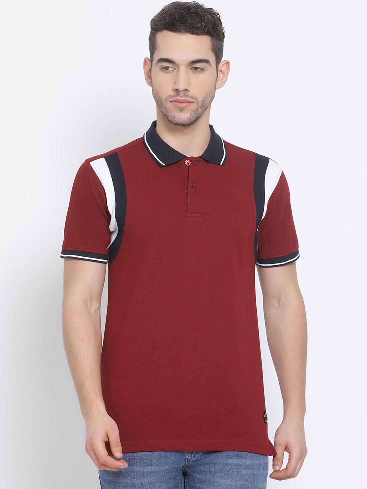 men's maroon half sleeve colorblocked polo neck t-shirt