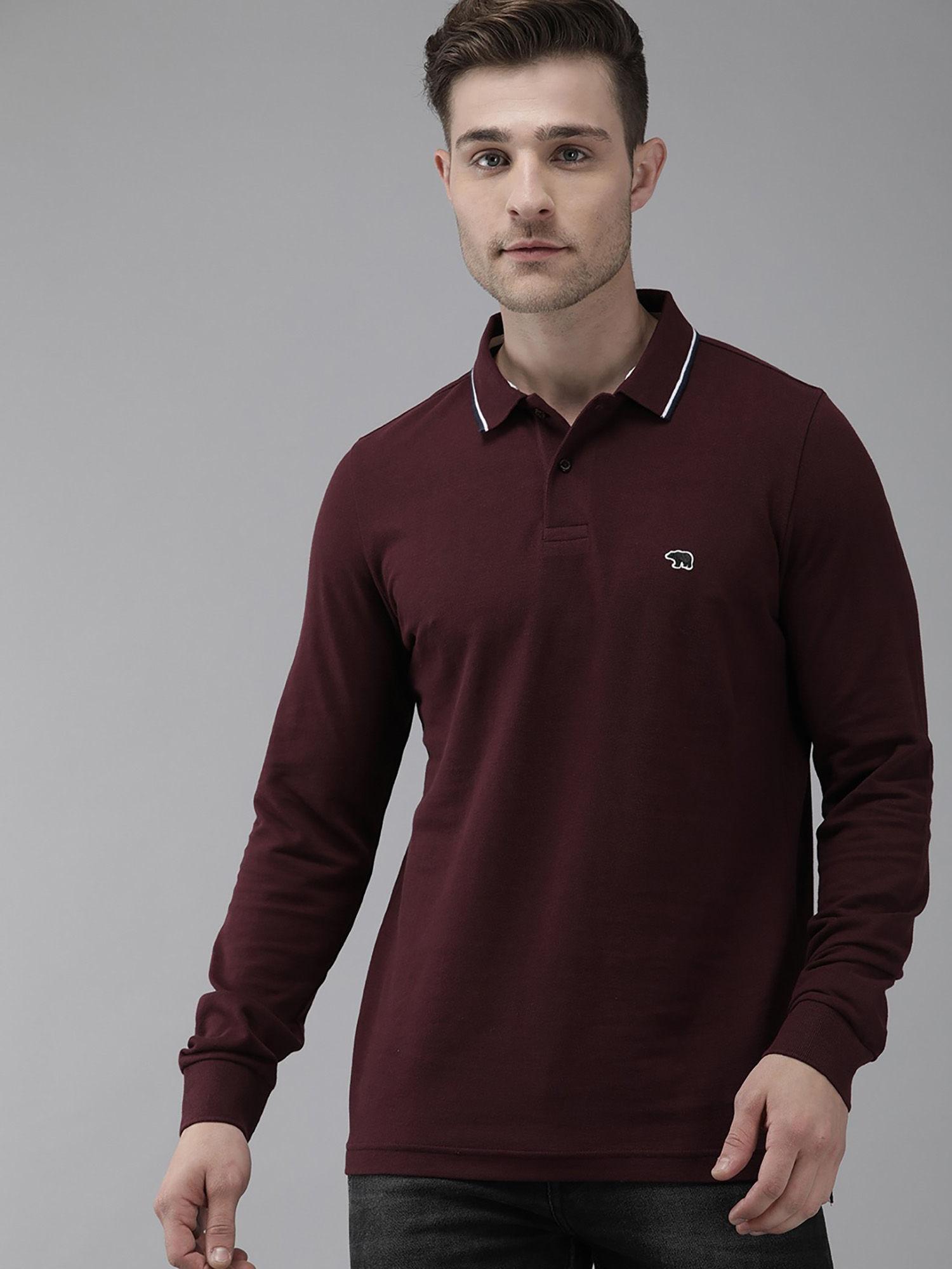 men's maroon long sleeves polo t-shirt with collar tipping