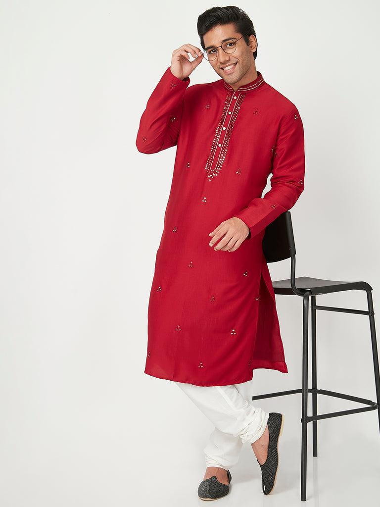 men's maroon polyester cotton embellished kurta churidar sets