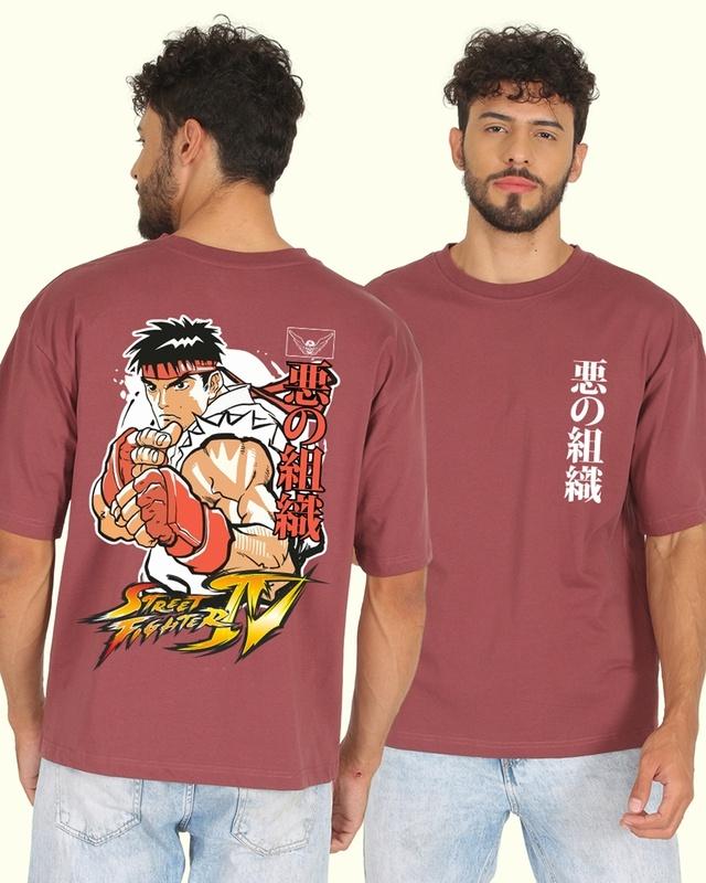 men's maroon ryu street fighter graphic printed oversized t-shirt