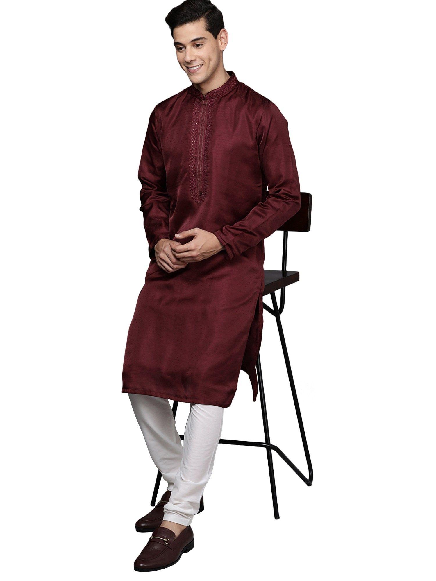 men's maroon satin festive wear kurta churidar (set of 2)