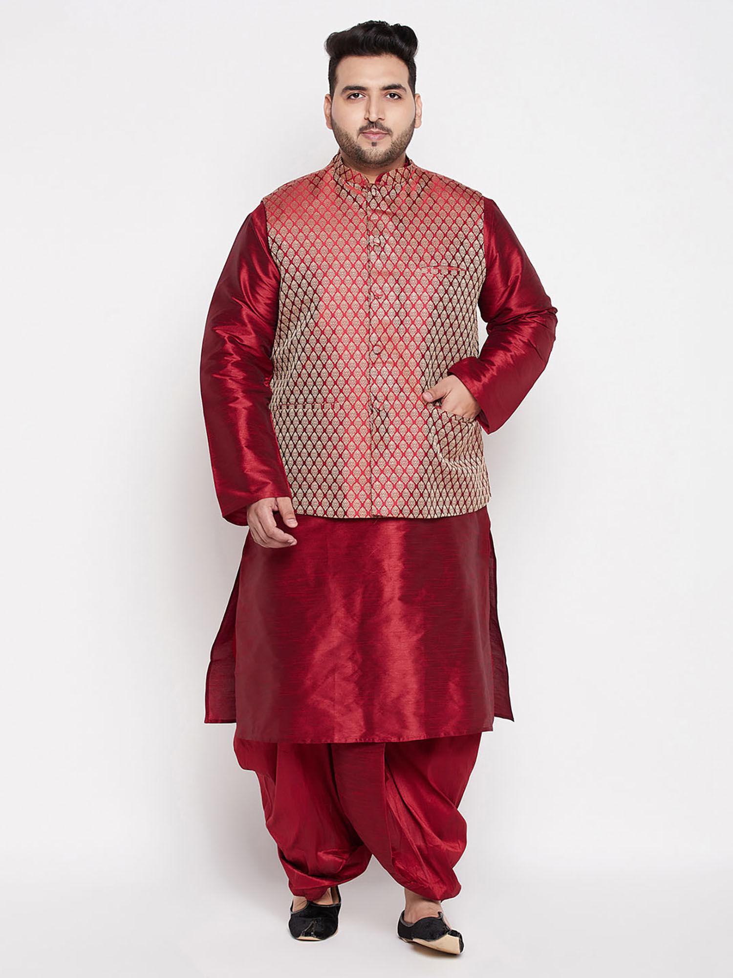 men's maroon silk blend jacket kurta dhoti (set of 3)