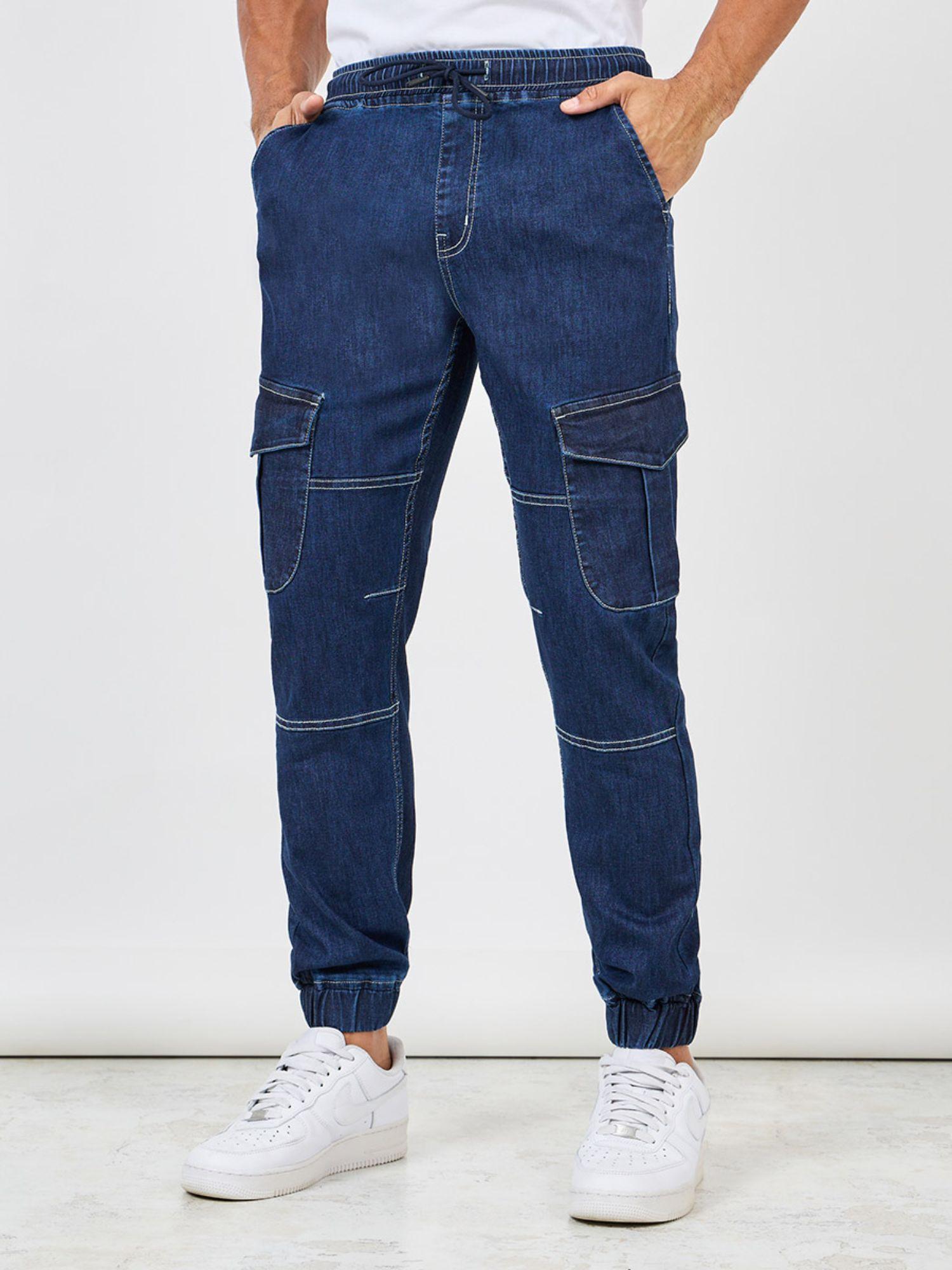 men's medium blue slim cargo jog cotton jean in premium stretch denim