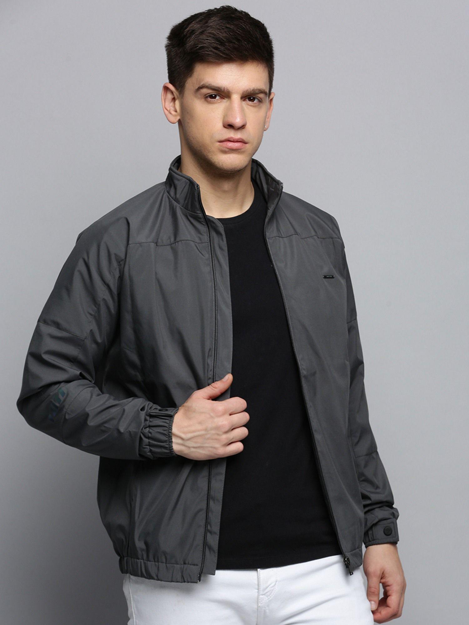 men's mock collar solid grey open front jacket