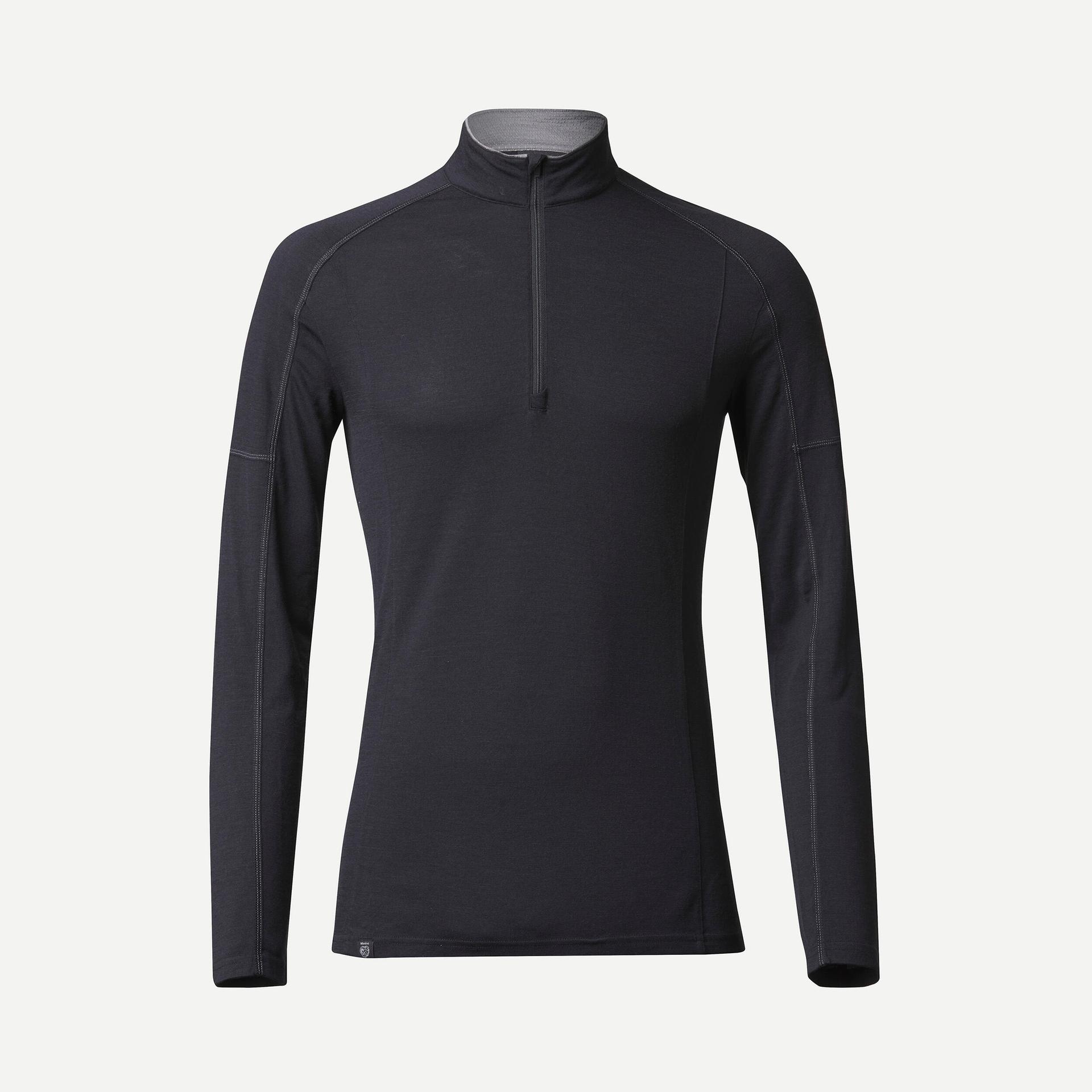 men's mountain trekking merino wool long-sleeved t-shirt with zip collar - mt500