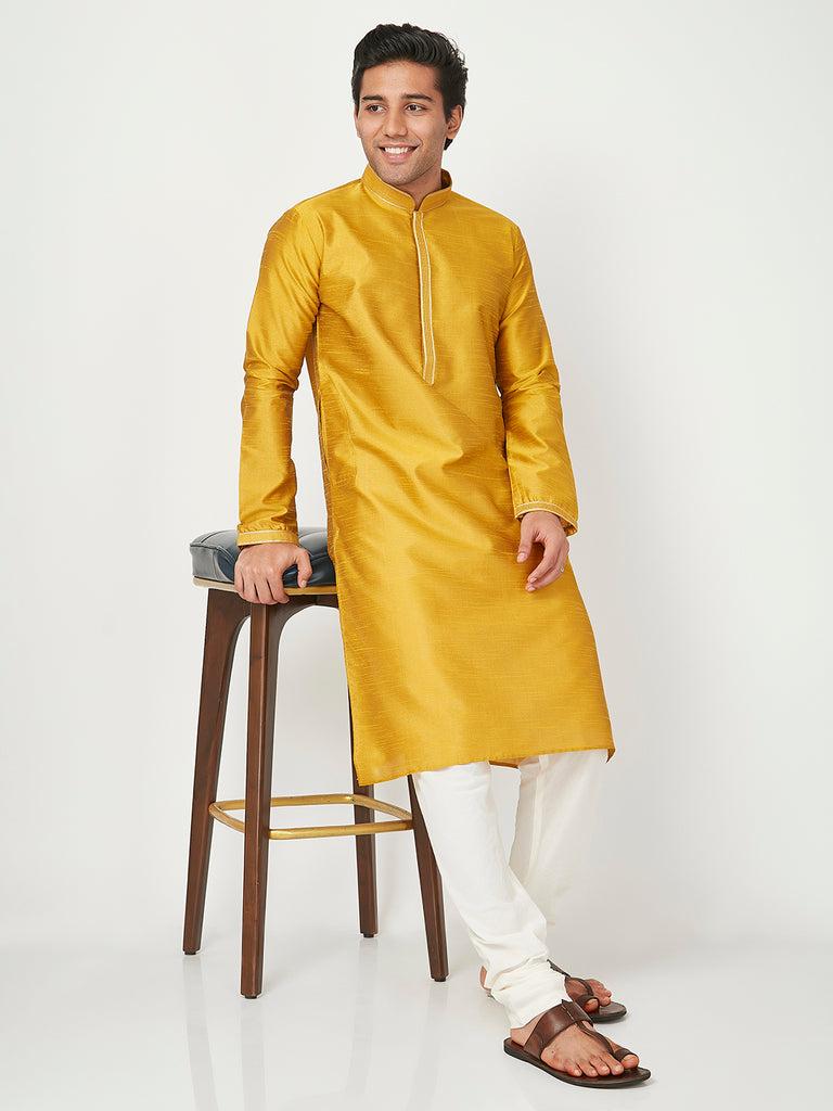 men's mustard polyester cotton solid kurta churidar sets