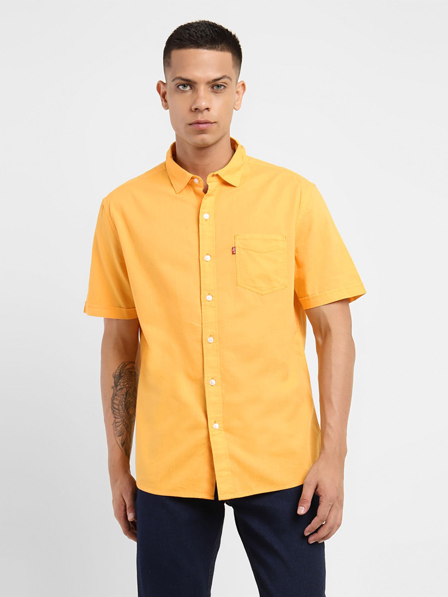 men's mustard solid slim fit shirt