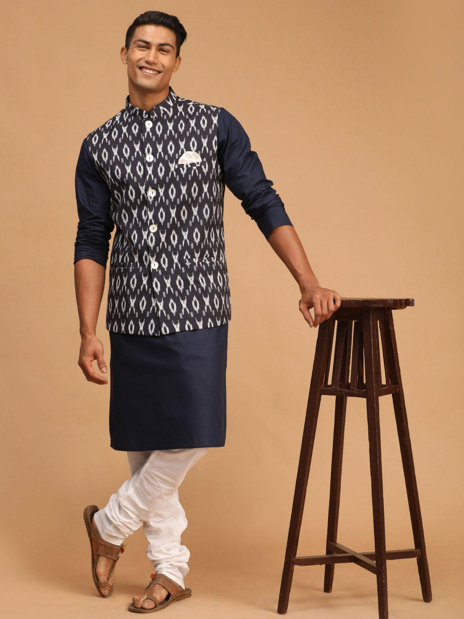 men's navy blue, black & white blended fabric jacket, kurta & pyjama (set of 3)