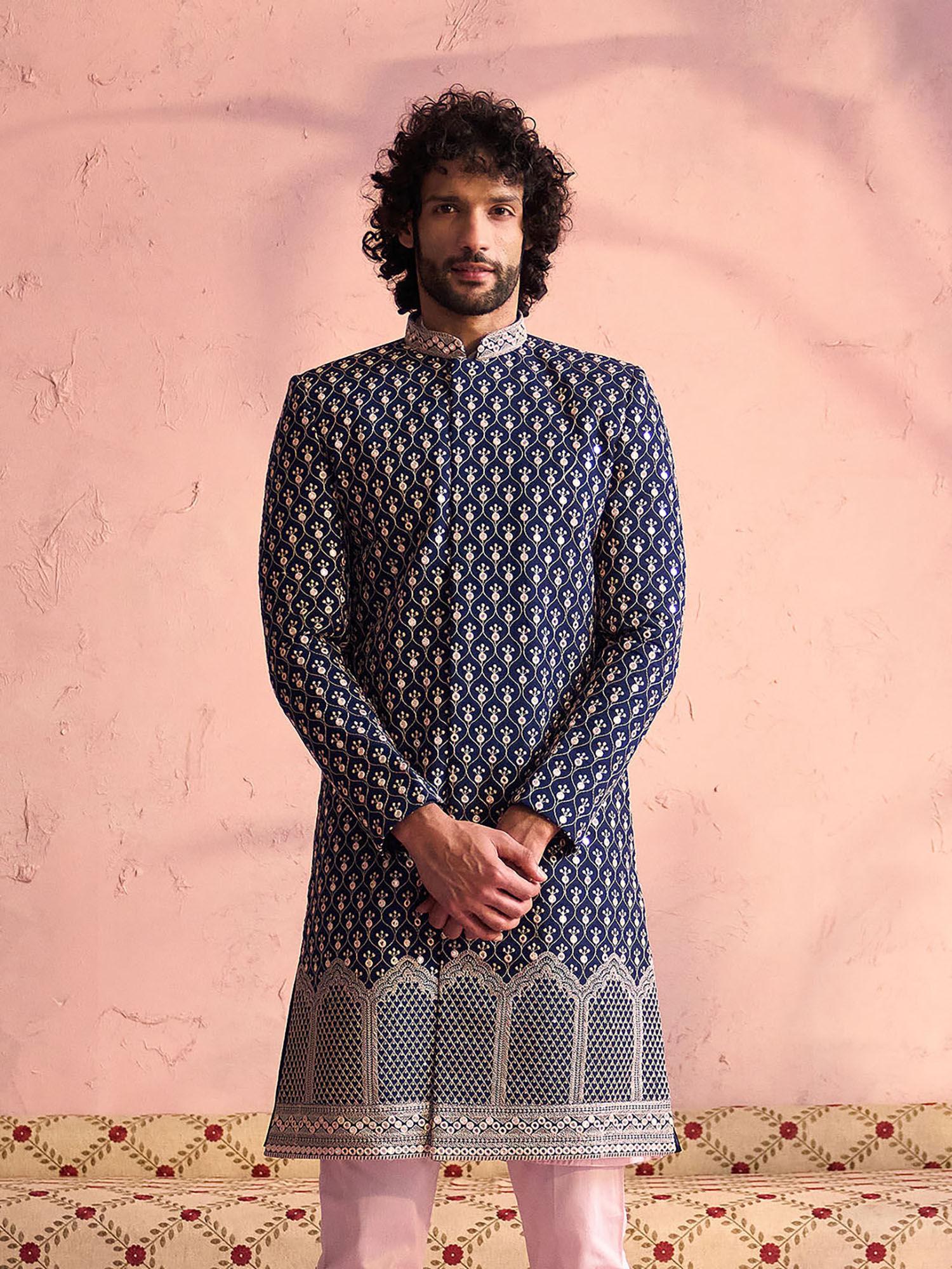 men's navy blue and pink georgette sherwani