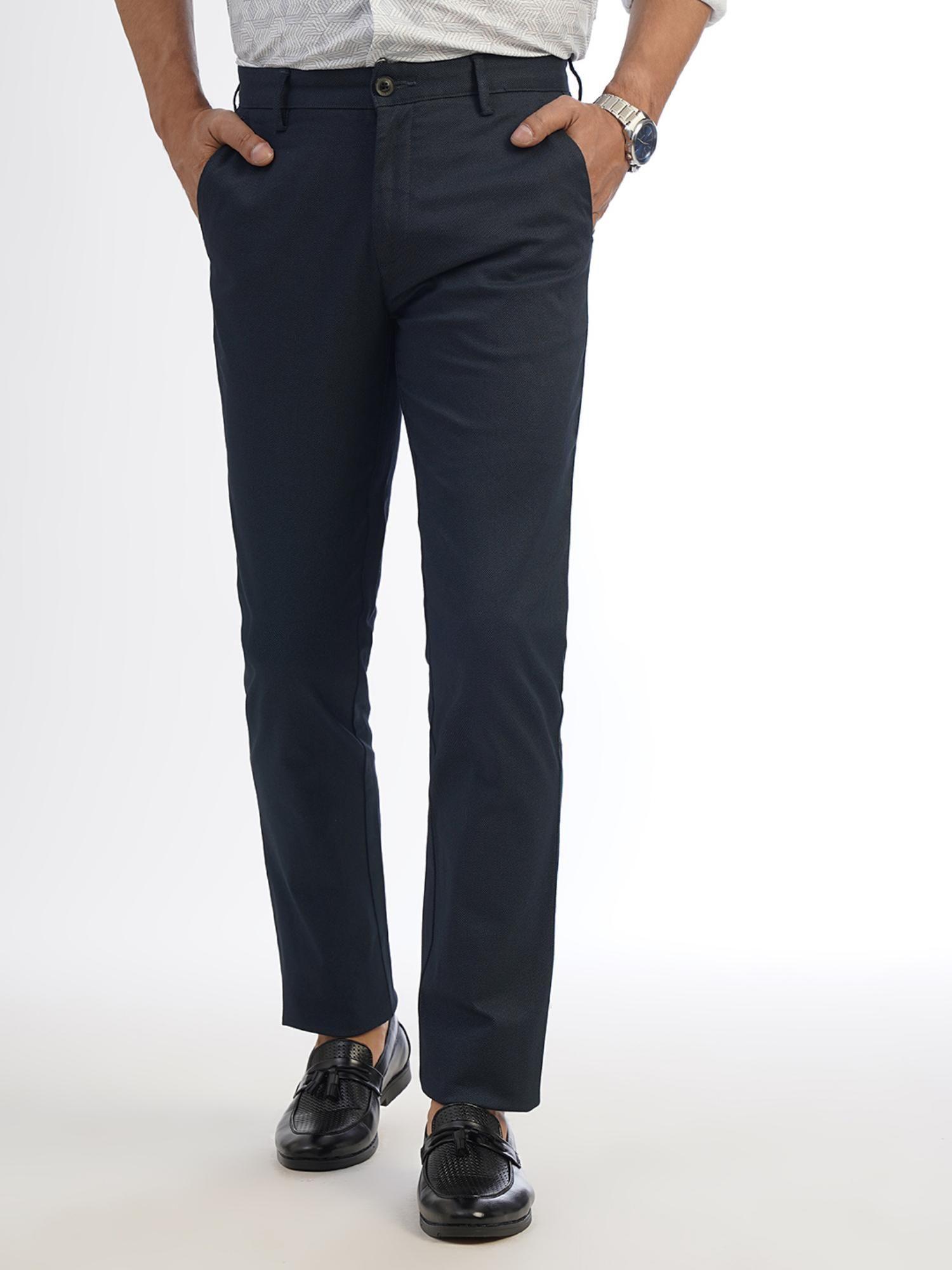 men's navy blue cotton stretch slim fit printed trouser