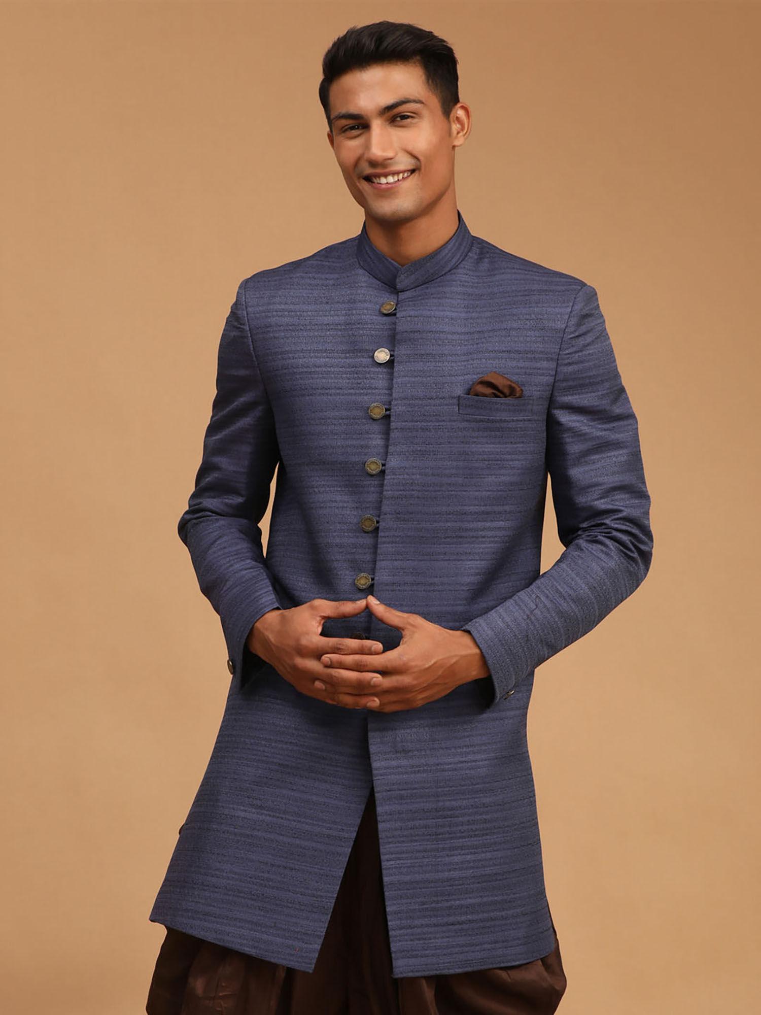 men's navy blue silk blend sherwani