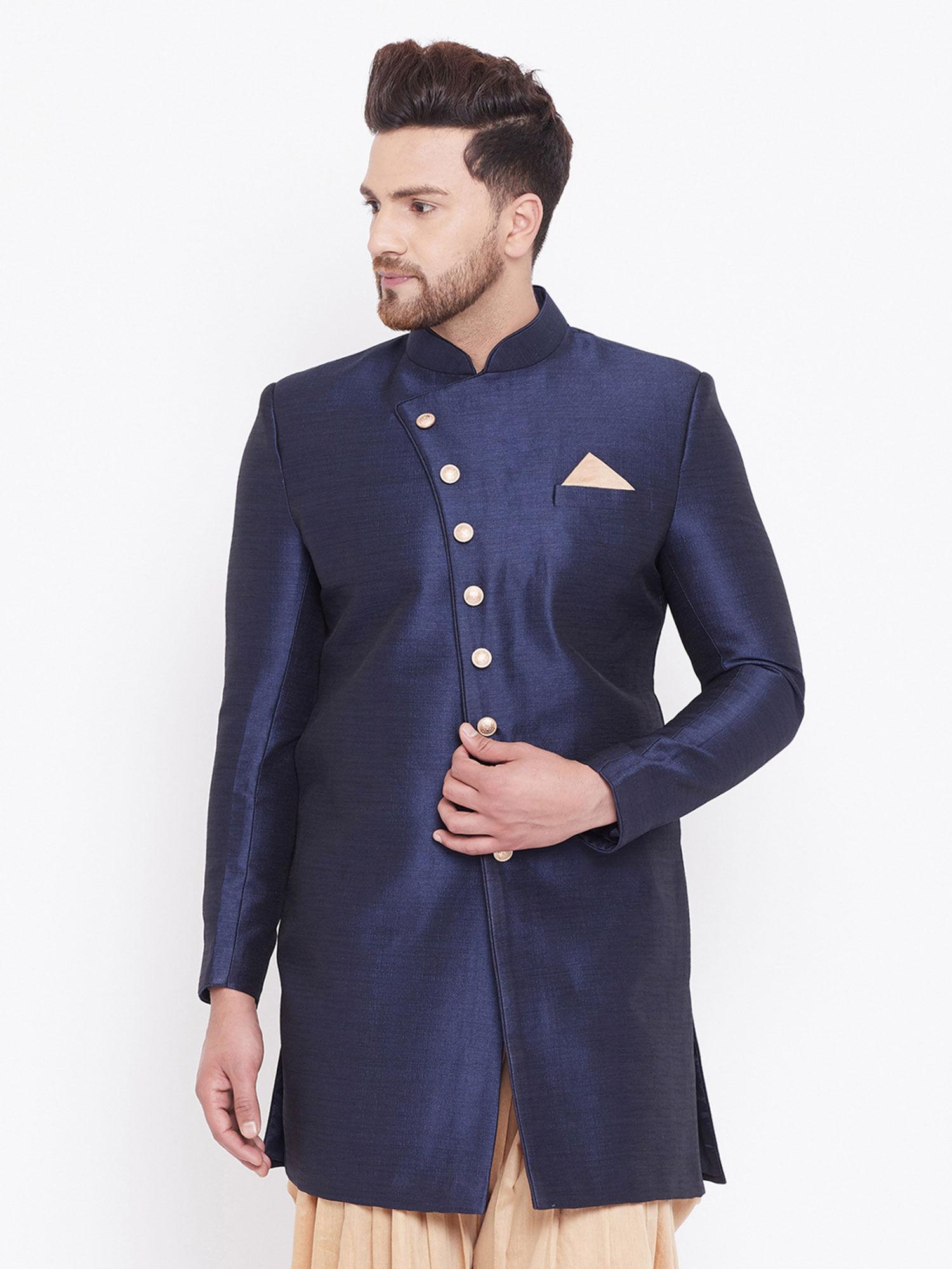 men's navy blue silk blend sherwani