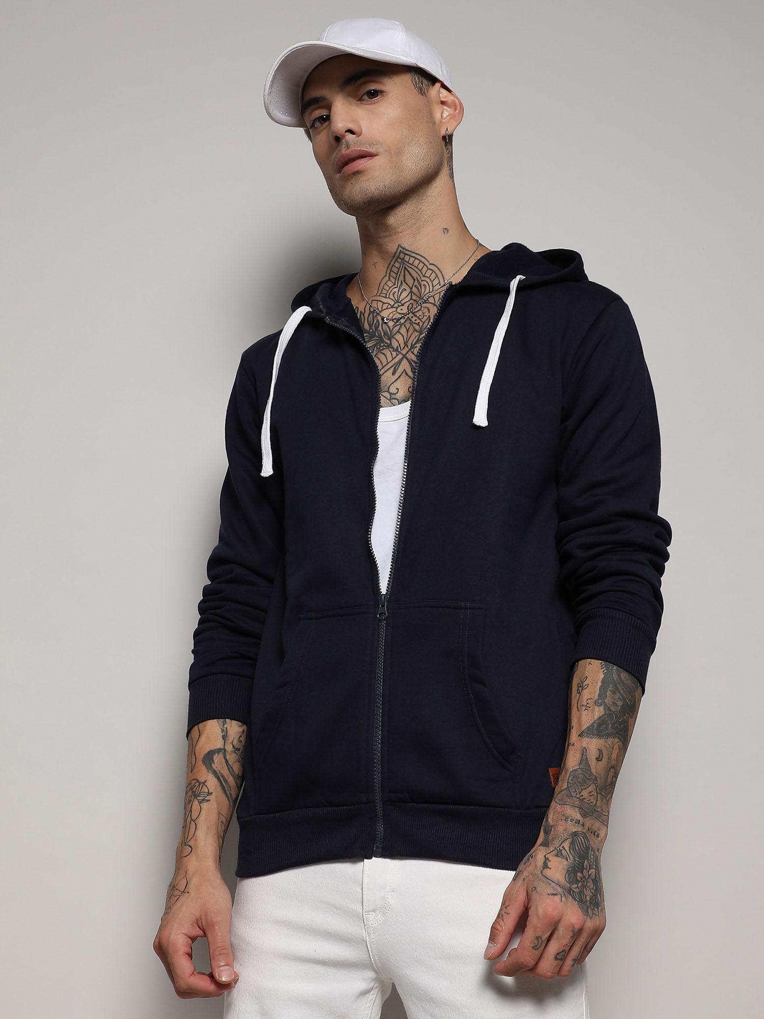 men's navy blue zip-front hoodie with contrast drawstring