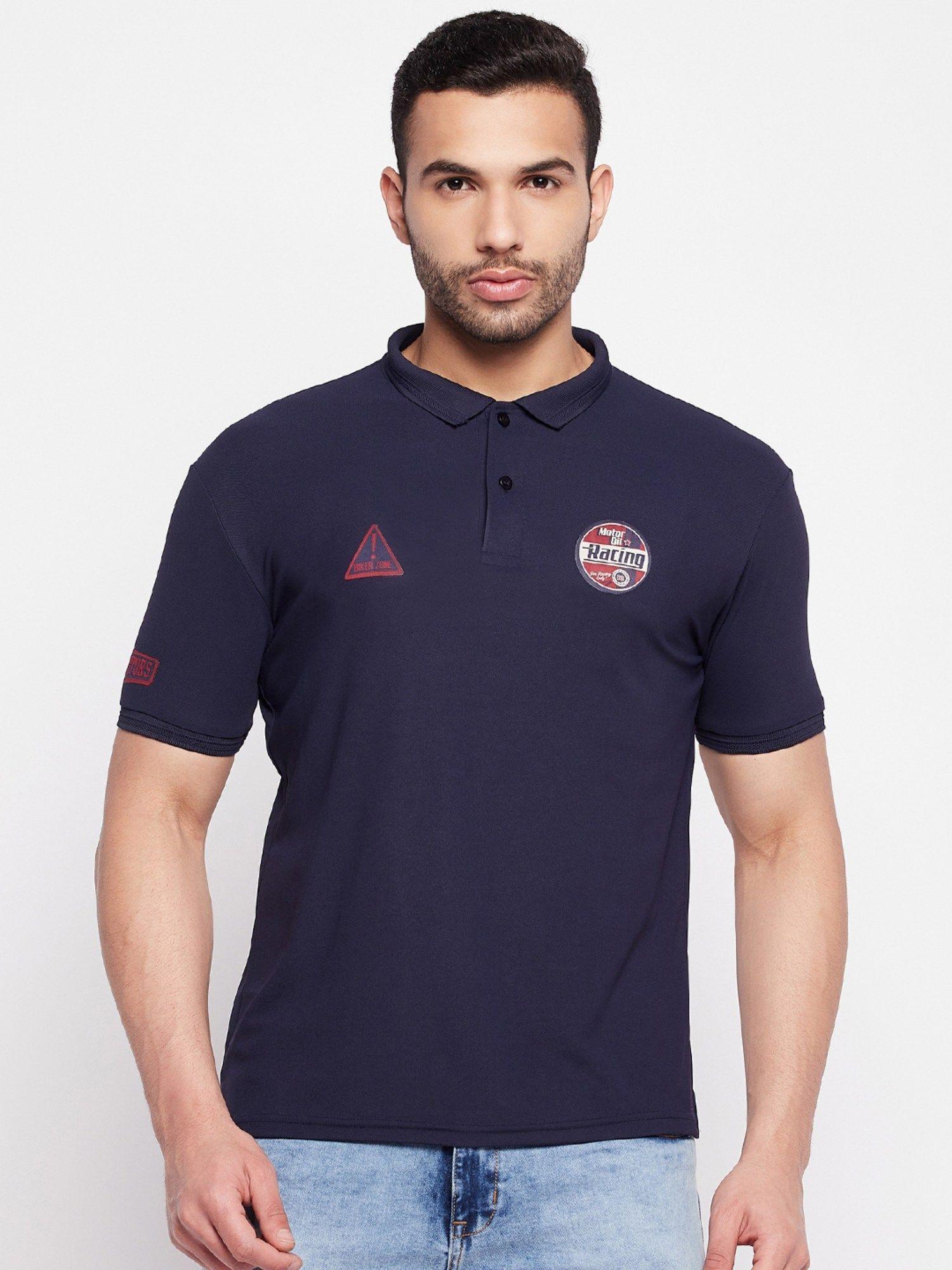 men's navy printed polo neck t-shirt