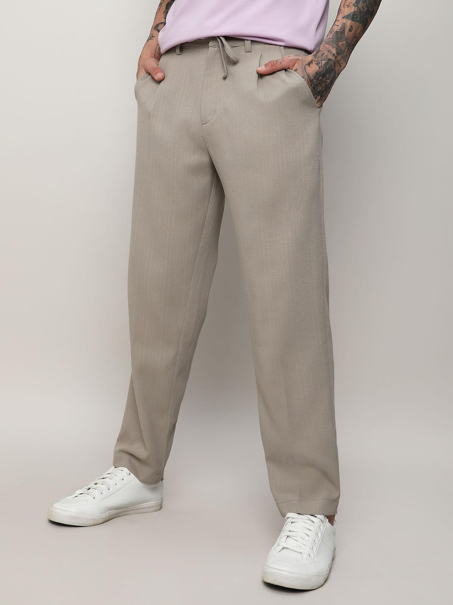 men's oatmeal beige solid tailored trousers