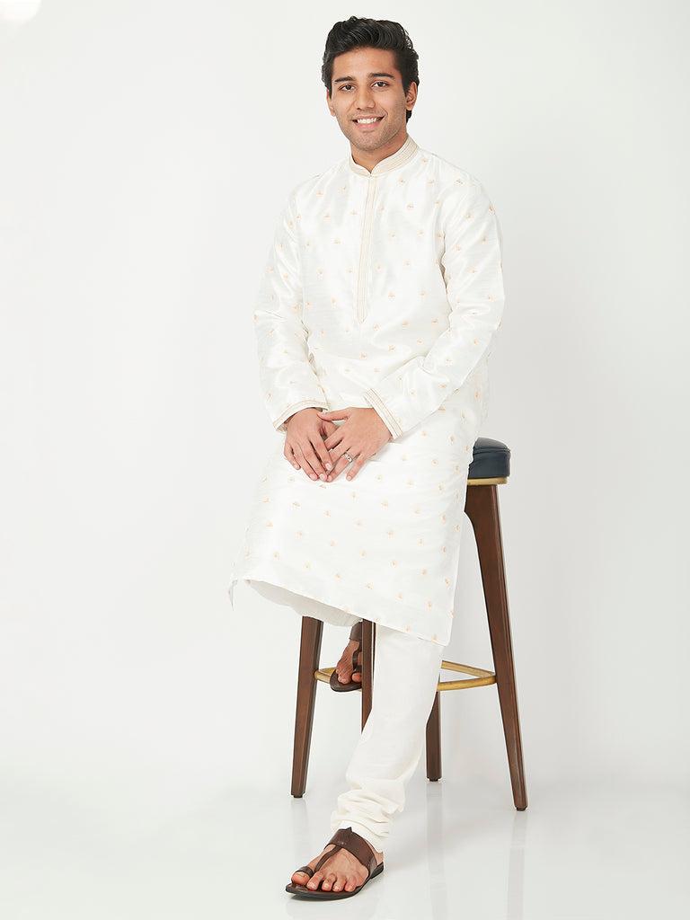 men's off white polyester cotton embellished kurta churidar sets