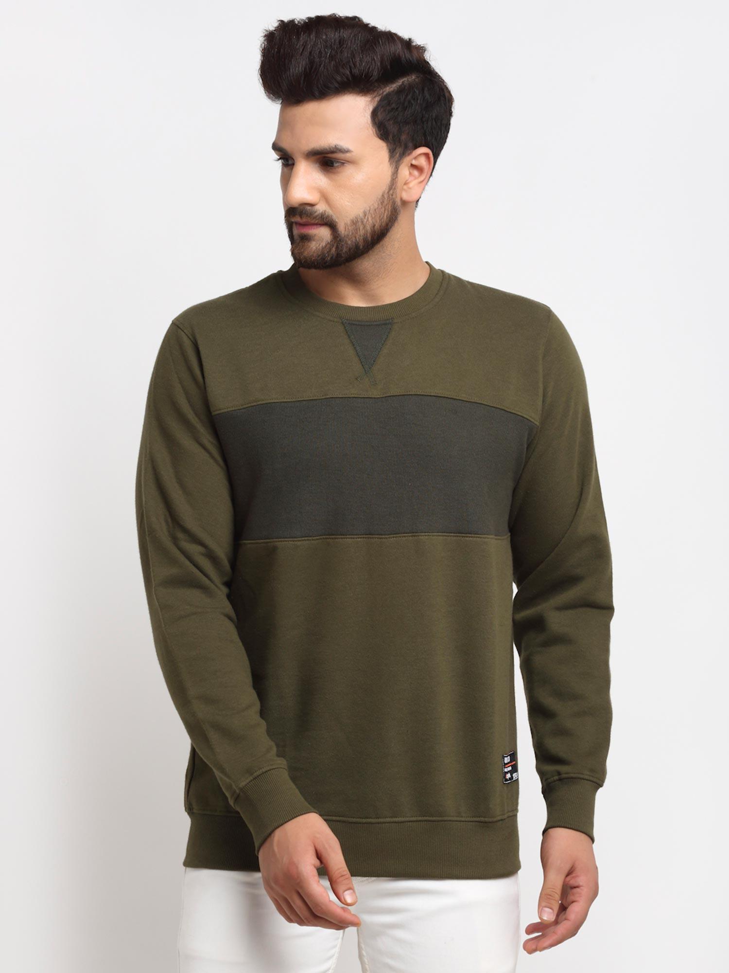 men's olive full sleeve colour blocked round neck sweatshirt