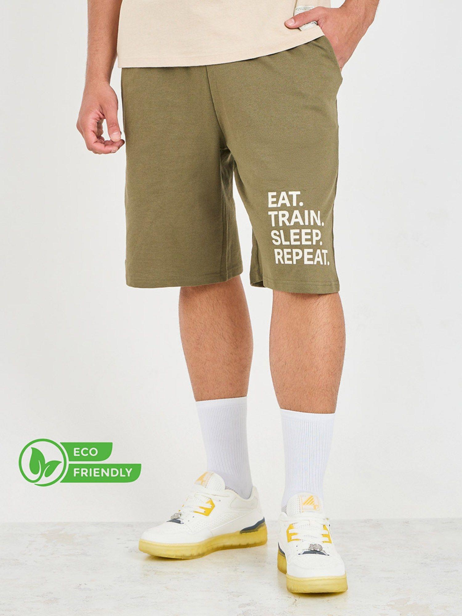 men's olive oversized hem print terry athleisure cotton shorts