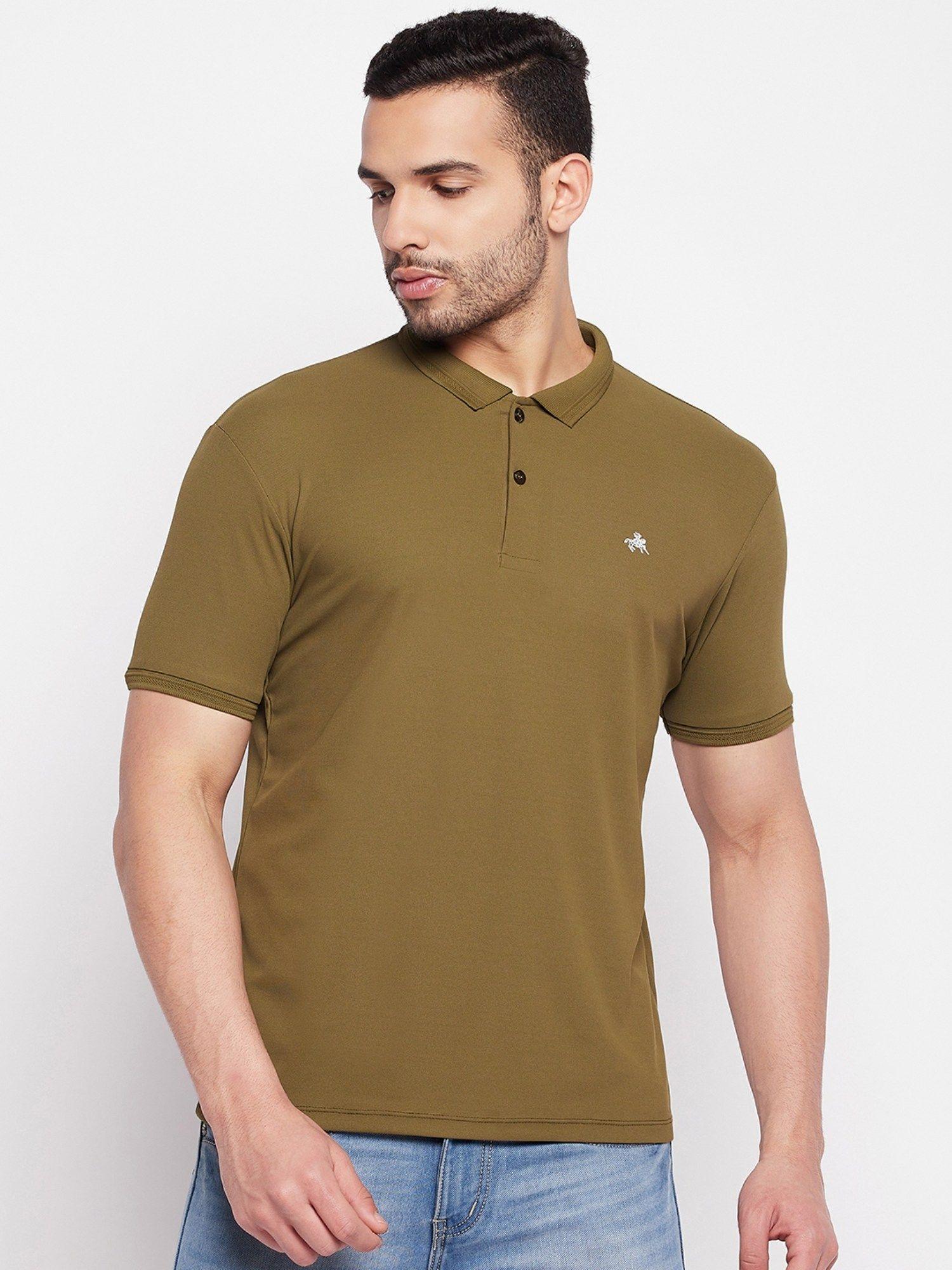 men's olive printed polo neck t-shirt